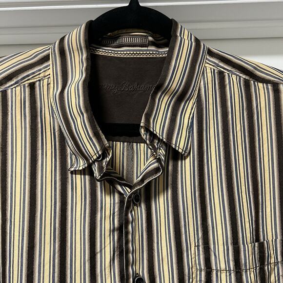 Tommy Bahama silk stripe long sleeve brown‎ blue yellow button up collar XL/TG - Picture 7 of 12